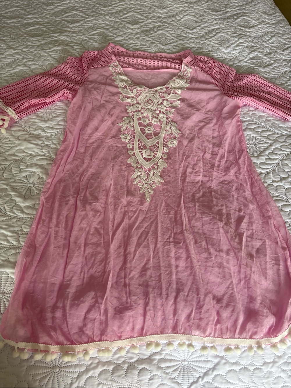 Women’s Pink Crochet-Sleeve Swim Coverup with Ivory Embroidery